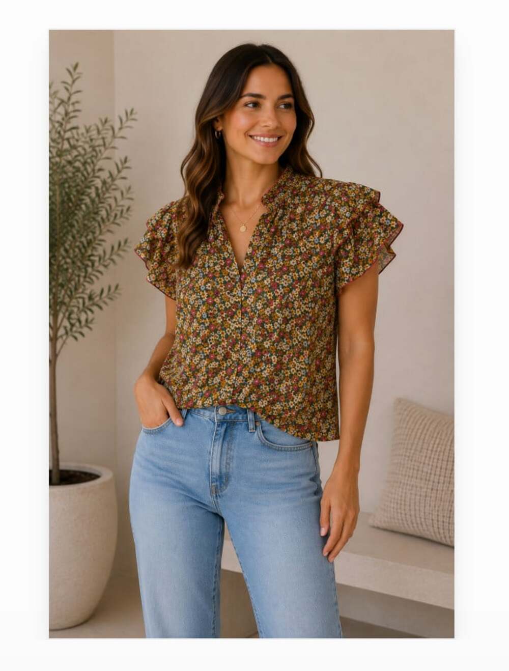 Olivia James The Label Blouse Womens XS Floral Ruffle V Neck Flutter Tunic Top